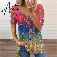 Women's T-Shirt Summer Fashion Print Floral V-Neck Zipper Tshirt Hollow Pullover Casual Loose Oversize Ladies Top Tee Shirt Aiertu