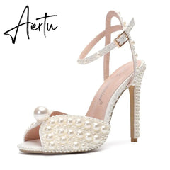 Women Sandals Fashion High Quality Wedding Shoes Women New Pearls Studs Luxury Peep Toe High Heels Buckle Woman Sandal 43 Aiertu