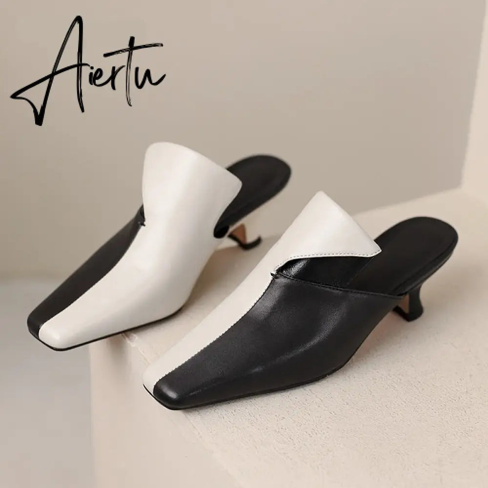 Women Sandals Mixed Colors Quality Genuine Leather Mules High Heels Office Ladies Concise Shoes Woman Spring Summer New Aiertu