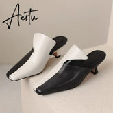 Women Sandals Mixed Colors Quality Genuine Leather Mules High Heels Office Ladies Concise Shoes Woman Spring Summer New Aiertu