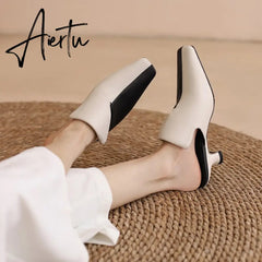 Women Sandals Mixed Colors Quality Genuine Leather Mules High Heels Office Ladies Concise Shoes Woman Spring Summer New Aiertu
