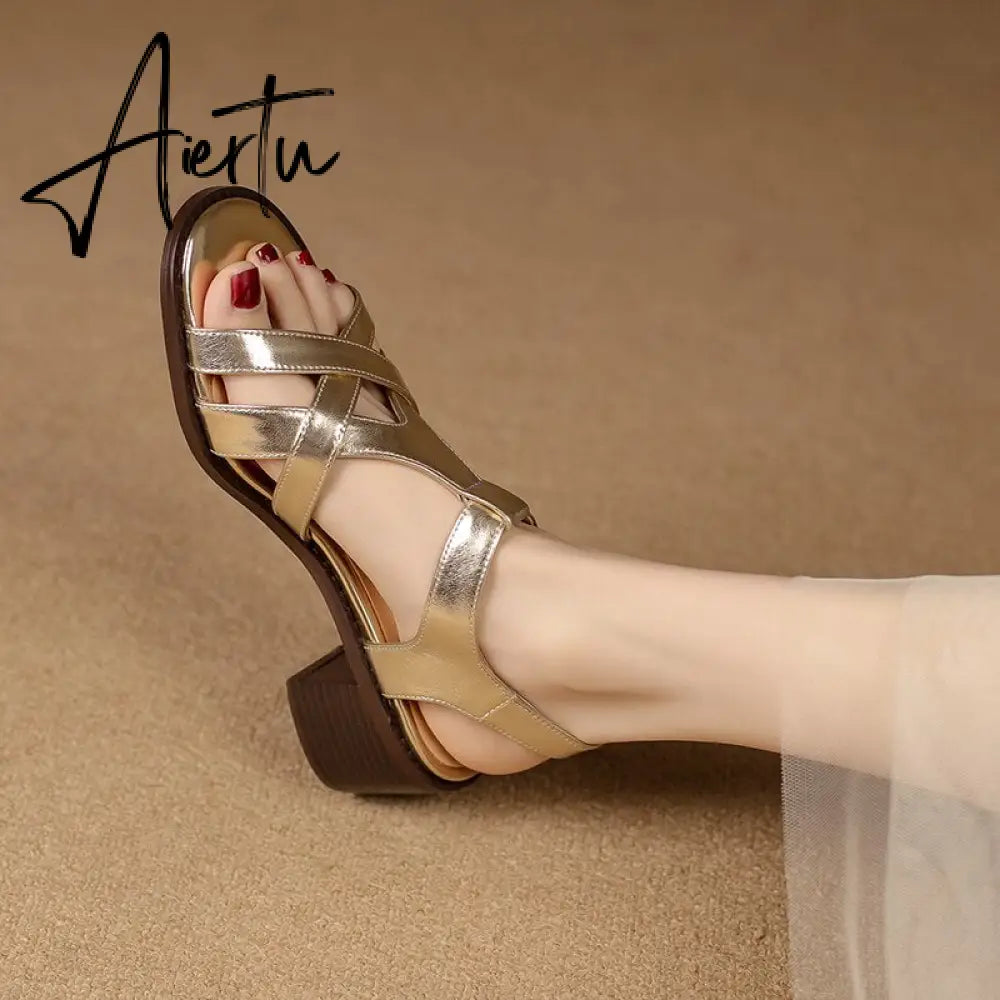 Women Sandals Thick Heels Genuine Leather Ankle Strap Shoes Woman Office Ladies Party Casual Golden Pumps Spring Summer Fashion Aiertu