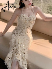 Women Sexy Bodycon Evening Party Dress Summer Fashion Backless Halter Midi Dresses Chic Sequins Vestidos Aiertu