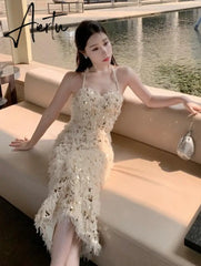 Women Sexy Bodycon Evening Party Dress Summer Fashion Backless Halter Midi Dresses Chic Sequins Vestidos Aiertu