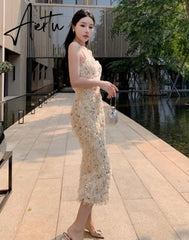 Women Sexy Bodycon Evening Party Dress Summer Fashion Backless Halter Midi Dresses Chic Sequins Vestidos Aiertu