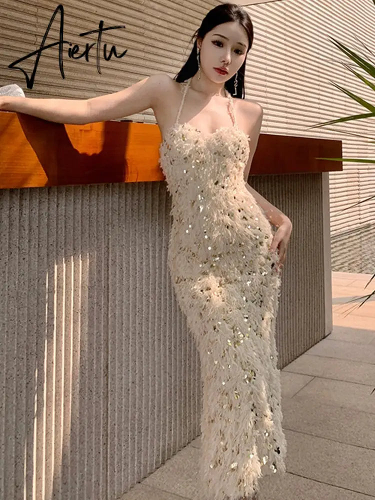 Women Sexy Bodycon Evening Party Dress Summer Fashion Backless Halter Midi Dresses Chic Sequins Vestidos Aiertu