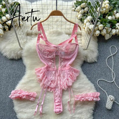 Women Sexy Floral Lace Strappy Bodysuit Fashion One Piece Rompers Lingerie Erotic Tight Embroidery Combination Catsuit Aiertu