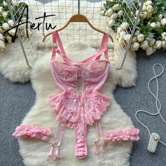 Women Sexy Floral Lace Strappy Bodysuit Fashion One Piece Rompers Lingerie Erotic Tight Embroidery Combination Catsuit Aiertu