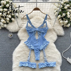 Women Sexy Floral Lace Strappy Bodysuit Fashion One Piece Rompers Lingerie Erotic Tight Embroidery Combination Catsuit Aiertu