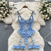 Women Sexy Floral Lace Strappy Bodysuit Fashion One Piece Rompers Lingerie Erotic Tight Embroidery Combination Catsuit Aiertu