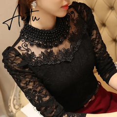 Women Sexy Lace Blouse new Slim Plus size 3XL Lace Tops Long Sleeve Casual Shirt Beaded Openwork Feminine Tops Aiertu