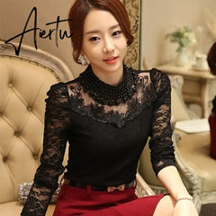 Women Sexy Lace Blouse new Slim Plus size 3XL Lace Tops Long Sleeve Casual Shirt Beaded Openwork Feminine Tops Aiertu