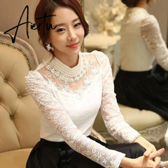 Women Sexy Lace Blouse new Slim Plus size 3XL Lace Tops Long Sleeve Casual Shirt Beaded Openwork Feminine Tops Aiertu