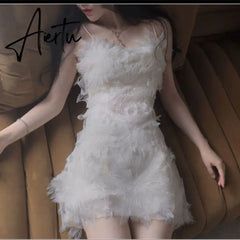 Women Sexy Lace Mesh Irregular Sling Mini Dress Summer Fashion V-Neck Slim Bodycon Party Dresses Female Sleeveless Vestidos Aiertu
