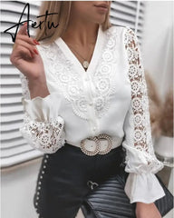 Women Sexy Lace Patchwork Hollow Out T-Shirt Long Sleeve Crew Neck Button Mesh Design Tops Spring Fashion White Vintage T Shirts Aiertu