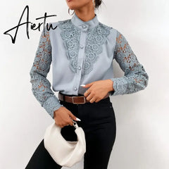Women Sexy Lace Patchwork Hollow Out T-Shirt Long Sleeve Crew Neck Button Mesh Design Tops Spring Fashion White Vintage T Shirts Aiertu