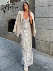 Women Sexy Lace Spaghetti Strap Dress Sleeveless Backless V-neck Maxi Dresses Summer Elegant Female Party Vacation Vestidos Aiertu