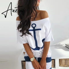 Women Sexy Off Shoulder Dress Summer Casual 2 Piece Set Dresses Hope Boat Anchor Print Slash Neck T-Shirt Top Striped Skirt Sets Aiertu