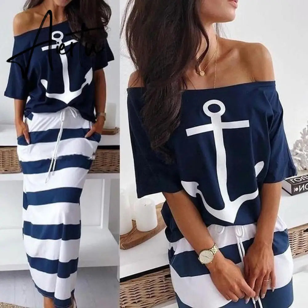 Women Sexy Off Shoulder Dress Summer Casual 2 Piece Set Dresses Hope Boat Anchor Print Slash Neck T-Shirt Top Striped Skirt Sets Aiertu