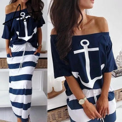 Women Sexy Off Shoulder Dress Summer Casual 2 Piece Set Dresses Hope Boat Anchor Print Slash Neck T-Shirt Top Striped Skirt Sets Aiertu