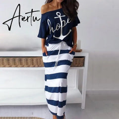 Women Sexy Off Shoulder Dress Summer Casual 2 Piece Set Dresses Hope Boat Anchor Print Slash Neck T-Shirt Top Striped Skirt Sets Aiertu