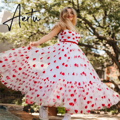 Women Sexy Off Shoulder Heart Print Tulle Dress Sleeveless High Waist Mesh Stitching Ruffle Hem Puffy Dress for Valentine's Day Aiertu