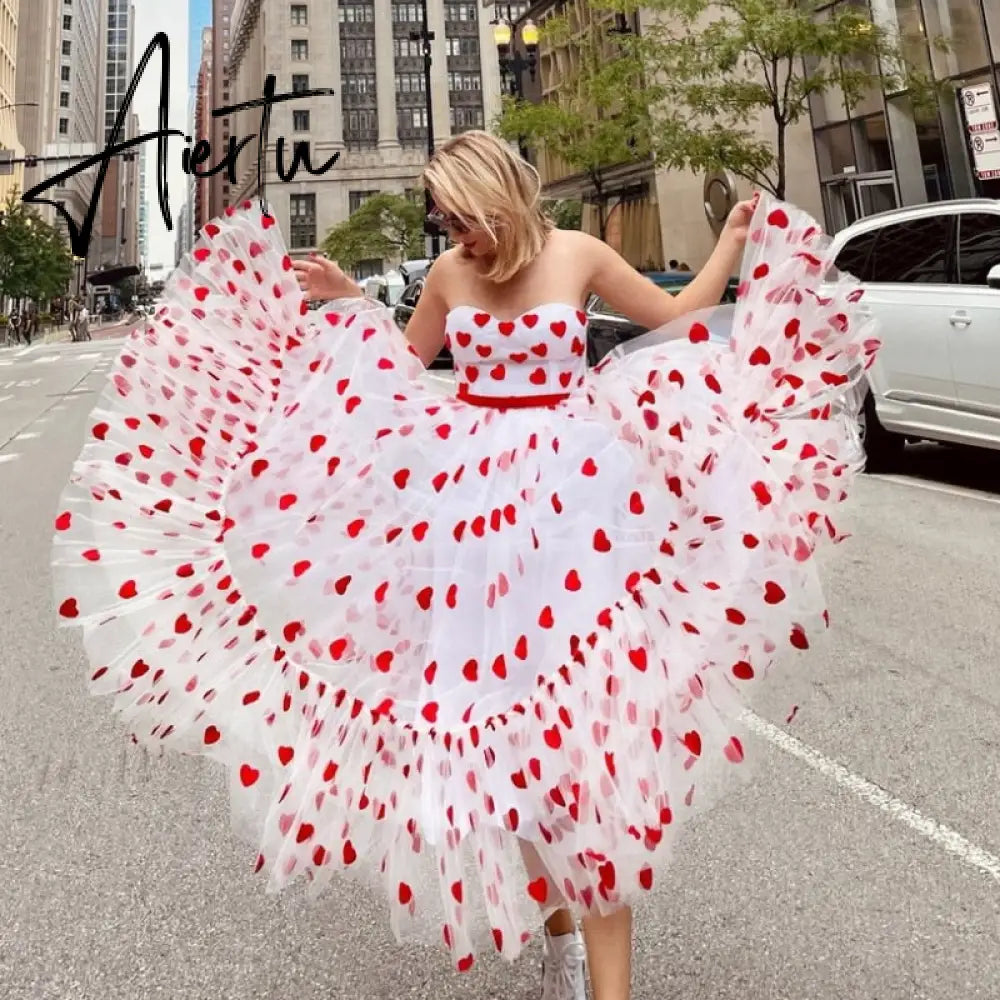 Women Sexy Off Shoulder Heart Print Tulle Dress Sleeveless High Waist Mesh Stitching Ruffle Hem Puffy Dress for Valentine's Day Aiertu