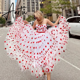 Women Sexy Off Shoulder Heart Print Tulle Dress Sleeveless High Waist Mesh Stitching Ruffle Hem Puffy Dress for Valentine's Day Aiertu