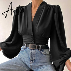 Women Shirts Fashion Lantern Long Sleeve Elegant Blouse Summer Sexy V-neck Tunic Top Casual Party High Street Blusas Aiertu
