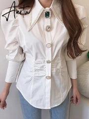Women Shirts French Vintage Blouse Spring Button Up Shirt Pointed Collar Long Puff Sleeve Pearl Button Slim White Tops Aiertu