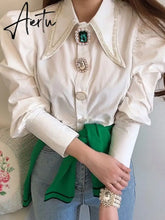 Women Shirts French Vintage Blouse Spring Button Up Shirt Pointed Collar Long Puff Sleeve Pearl Button Slim White Tops Aiertu