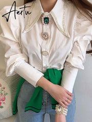 Women Shirts French Vintage Blouse Spring Button Up Shirt Pointed Collar Long Puff Sleeve Pearl Button Slim White Tops Aiertu