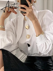 Women Shirts French Vintage Blouse White Spring Button Up Shirt Pointed Collar Long Puff Sleeve Pearl Button Solid Tops Aiertu