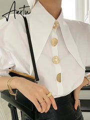 Women Shirts French Vintage Blouse White Spring Button Up Shirt Pointed Collar Long Puff Sleeve Pearl Button Solid Tops Aiertu