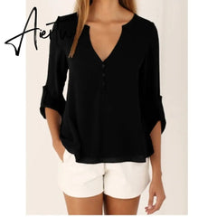 Women Shirts Summer Autumn Casual V-neck Chiffon Blouse Women Tops And Blouses Long Sleeve Black White Ladies Blouse Shirt Aiertu