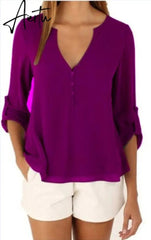 Women Shirts Summer Autumn Casual V-neck Chiffon Blouse Women Tops And Blouses Long Sleeve Black White Ladies Blouse Shirt Aiertu