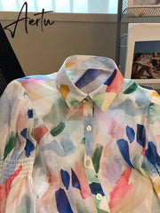 Women Shirts Vintage Chic Print Button Shirt Long Sleeve Turn-down Collar French Blouses New Spring Tops Streetwear Aiertu