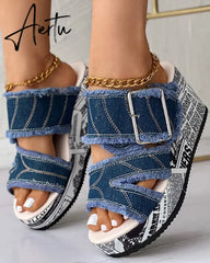 Women Shoes Casual Fashion Vacation Daily Wear Summer Newspaper Buckled Denim Wedge Slippers Sandals Aiertu