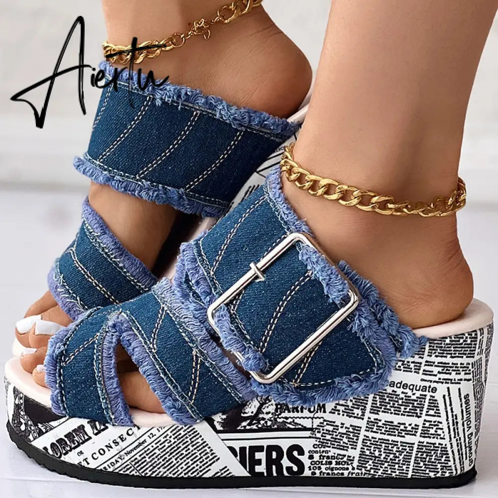 Women Shoes Casual Fashion Vacation Daily Wear Summer Newspaper Buckled Denim Wedge Slippers Sandals Aiertu