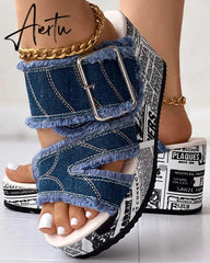 Women Shoes Casual Fashion Vacation Daily Wear Summer Newspaper Buckled Denim Wedge Slippers Sandals Aiertu