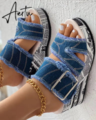 Women Shoes Casual Fashion Vacation Daily Wear Summer Newspaper Buckled Denim Wedge Slippers Sandals Aiertu
