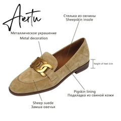 Women Shoes Genuine Leather Flats Loafers Round Toe Sheep Suede Metal Decor Slip-on Footwear Ladies Cozy Casual Shoes New Aiertu