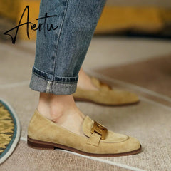 Women Shoes Genuine Leather Flats Loafers Round Toe Sheep Suede Metal Decor Slip-on Footwear Ladies Cozy Casual Shoes New Aiertu