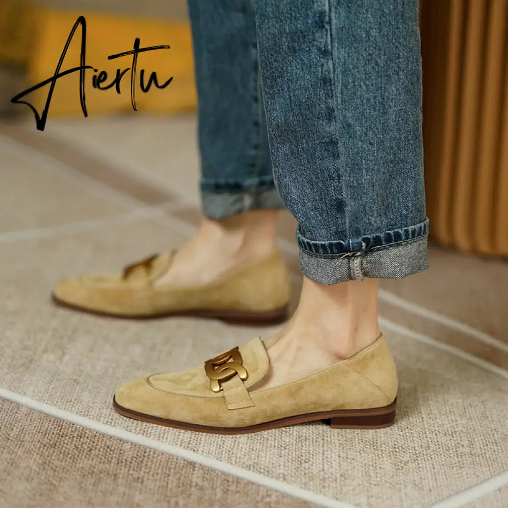 Women Shoes Genuine Leather Flats Loafers Round Toe Sheep Suede Metal Decor Slip-on Footwear Ladies Cozy Casual Shoes New Aiertu