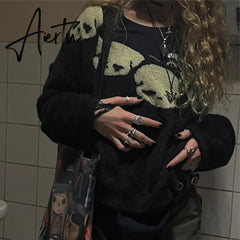 Women Skull Print Long Sleeve Tops Goth Sweater Punk Fairy Grunge Sexy V-Neck Knitted Clothes Pullovers vintage club jumper y2k Aiertu