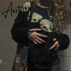 Women Skull Print Long Sleeve Tops Goth Sweater Punk Fairy Grunge Sexy V-Neck Knitted Clothes Pullovers vintage club jumper y2k Aiertu