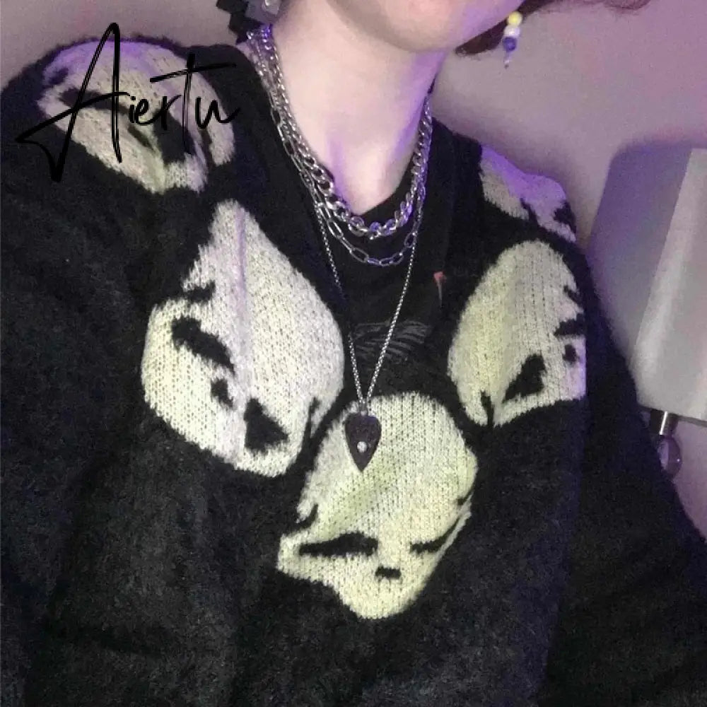 Women Skull Print Long Sleeve Tops Goth Sweater Punk Fairy Grunge Sexy V-Neck Knitted Clothes Pullovers vintage club jumper y2k Aiertu