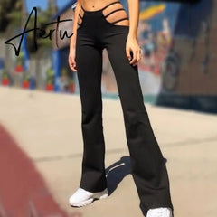 Women Solid Color Sexy Cut Out Pants Slim Fitness Cotton Pants Hollow Out Flare Pants Streetwear Bell Bottom Pants Trousers Low Aiertu