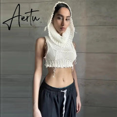 Women Solid Crochet Sleeveless Puss Knit Hooded Tank Top Y2K Sexy Navel Camisole Stretch Skinny street hipster Wild vest Aiertu