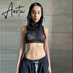 Women Solid Crochet Sleeveless Puss Knit Hooded Tank Top Y2K Sexy Navel Camisole Stretch Skinny street hipster Wild vest Aiertu